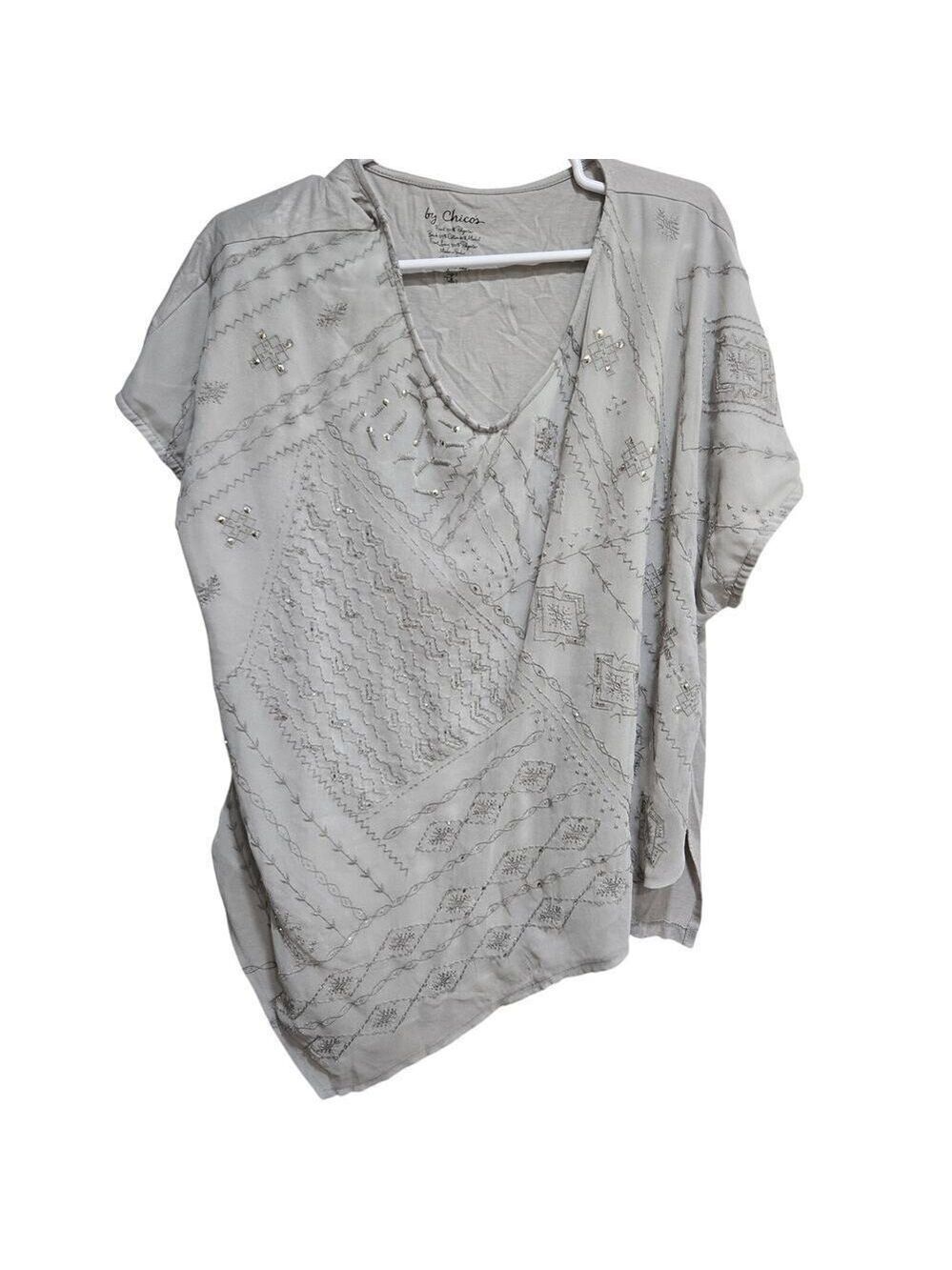 Chico's Gray Embellished Asymmetrical Short Sleeve Top Size 3 XL